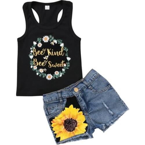 2PCS 1-6Y Fashion Lovely Newborn Baby Girls Sleeveless O-Neck Pullover Letter Floral Print Black Vest Tops Flowers Denim Shirts