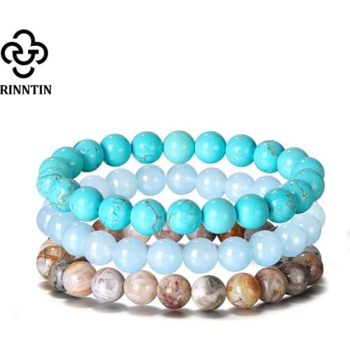 Rinntin 3pcs/set Natural Turquoise Howlite Stone 8mm Round Beaded Stretch Bracelet & Bangle for Men Women Couple Bracelets GMB42