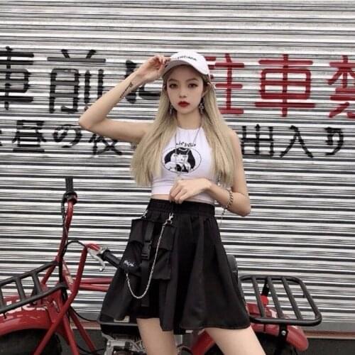 Big Pocket Grey Women A-line Skirt Streetwear High Waist Chain Mini Skirt Punk Hip-hop Harajuku Skirts Womens Casual Short Skirt