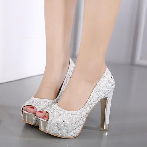 Platform Sandals Black Shoes Woman Heels 11CM Crystal Shoes Peep Toes High Heel Shoe Woman Silver Heels for Women Plateau 55244