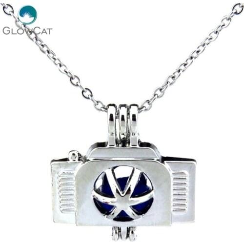 K218 Silver Travel Tools Camera Locket Stone Cage Necklace Stainless Rolo Chain Aroma Essential Oil Diffuser Locket