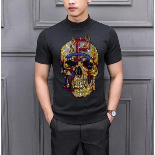 Rhinestones Fashion Man Knitted Pullover Short Sleeve Men Casual Diamonds design Sweaters