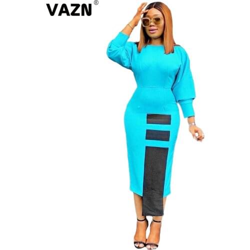 VAZN 2020 Top Quality Plus Size Young Sexy Patchwork Asymmetrical Sweet Daily Full Sleeve High Waist Women Thin Midi Dress