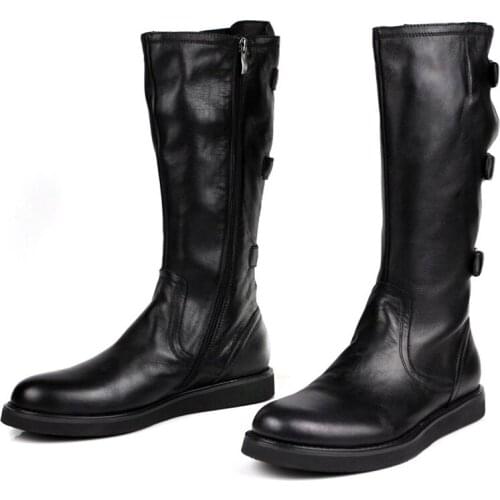 High top Men Boots Soft leather Black Knee high Army Boots Buckle Mens Shoes
