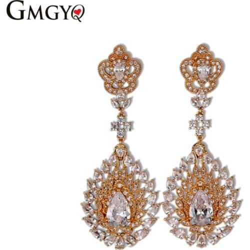 GMGYQ Zircons Top Kwaliteit Zirconia Rose Goud Kleur Grote Lange Dangle Drop Bridal Wedding Oorbellen Sieraden Voor Vrouwen