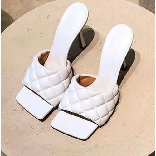 2019 Fashionable Square Toe Slippers Woman Peep Toe High Heels Mules Woman Genuine Leather Summer Sandals Zapatos De Mujer