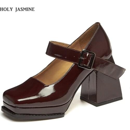 High quality leather spring fashion womens thick with high heels professional work word buckle single shoes women Black/Brown