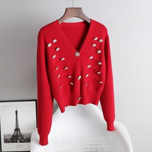 2021 Womens Crop top Sweater Fashion Spring V neck Diamonds Buttons Chic Knitted Red Cardigan Short Jacket Coat