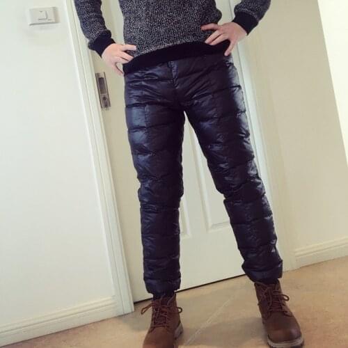 Winter mens down pants High waist Large size thick White duck down pants outdoor male black slim warm hiking trousers