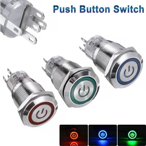1pcs 19mm 12V Metal Push Button Switch Ring Lamp LED Power Symbol ON-OFF Car Self-lock Button Switch Latch Switch