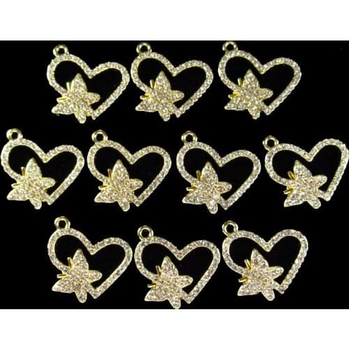 10pcs 19x19x3mm Carved Tibetan Gold Rhinestones Butterfly Heart Pendant MY13 For Jewelry Make DIY Accessories