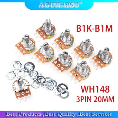5pcs WH148 3PIN 20MM Single couplet potentiometer With Nuts B1K B2K B5K B10K B20K B50K B100K B250K B500K B1M 1K 2K 5K 10K 100K