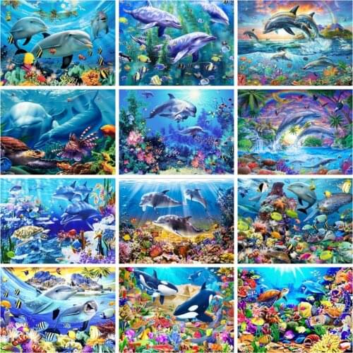 Huacan Full Square Diamond Painting Dolphin Mosaic Sea Fish Embroidery Animal Paintings For Interior Diamond Pictures