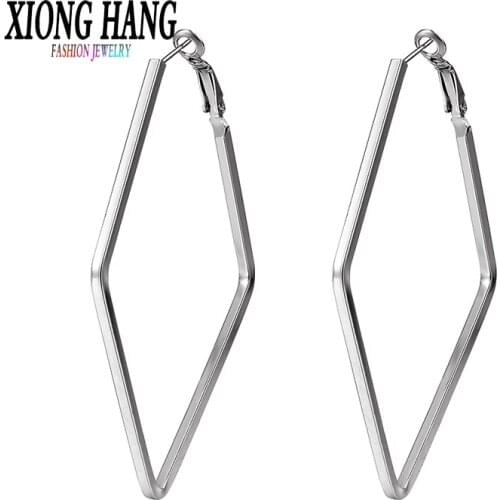 XiongHang Punk Style 70mm*47mm Big Metal Rhomb Hoop Earrings Women Fashion Jewelry Pendientes Geometric Statement Earring 2018