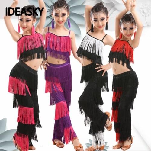 Children kids Bachata Latin Dance Costumes Girls Ballroom Tango Salsa Latin Dance Competition Costume Fringe Pants Tops tassel