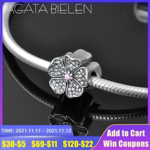 DIY 925 Sterling Silver Romantic peach clear CZ fine round Flower Beads Fit Original europeu Charm Bracelet Jewelry making