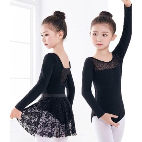 Long/Short Sleeve Black Dance Leotard Lace Skirt Suit Girls Kids Children Ballet Gymnastics Leotard