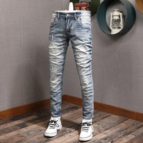 Italian Style Fashion Men Jeans Retro Gray Blue High Quality Elastic Cotton Slim Ripped Jeans Men Vintage Designer Denim Pants