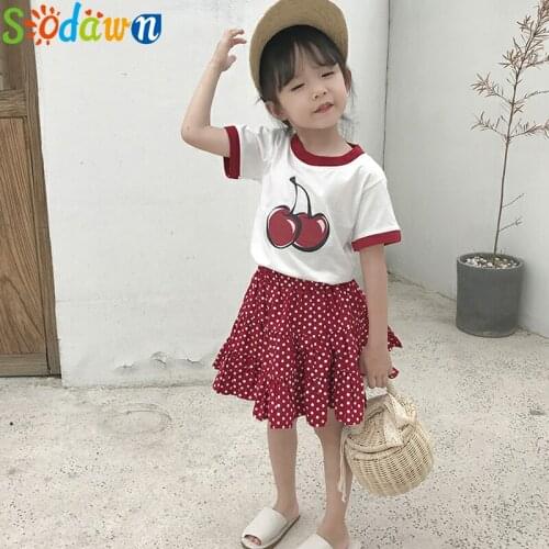 Sodawn 2021 Summer Girls Cherry Print Short Sleeve T-Shirt +Wine Red Polka Dot Skirt 2PCS Set Female Baby Girls Clothing
