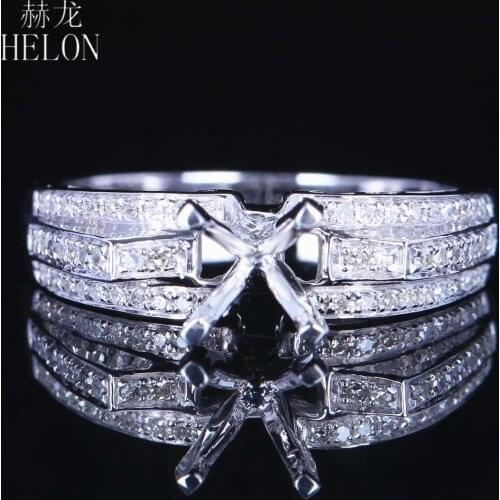 HELON 6mm Round Solid 14K White Gold Pave SI/H 0.2ct Natural Diamond Semi Mount Engagement Ring Setting Women Fine Jewelry Gift
