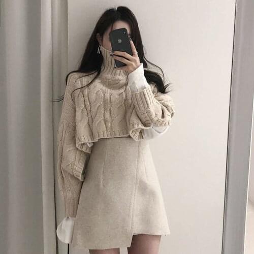 Two /three Piece Set Women Korean Autumn Winter Solid Color Casual Loose V/hight Neck Knitted Sweater High Waist Skirt Suit