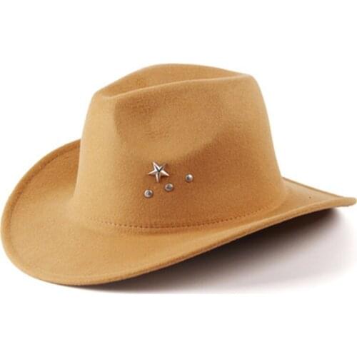 Cowboy hat mens curly brim woolen hat autumn and winter five-pointed star fedora hat outdoor western riding hat Panama hat