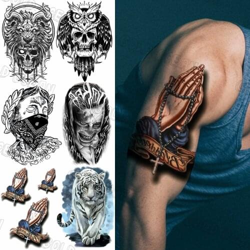 Pray Cross Letter Temporary Tattoos For Men Women Realistic Clown Skull Tiger Totem Tattoo Sticker Arm Body Tatoos 3D Buddha