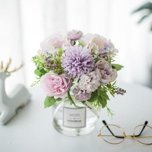 Artificial Flower Set Artificial Flower Glass Vase Rose Flower Artificial Plant Potted Decorative Ornament Fake Flower Pot