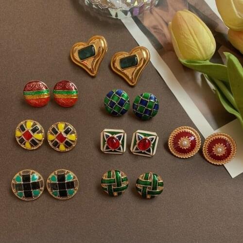 New French S925 Trendy Vintage Love Heart Button Enamel Glaze Glitter Round Stud Earrings for Women Girls Travel Jewelry