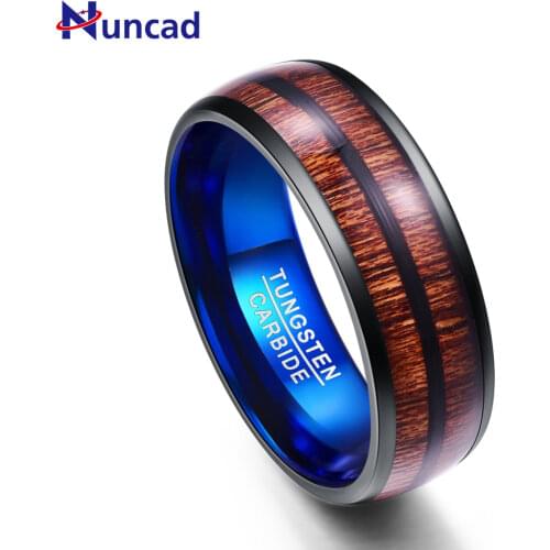 Nuncad tungsten carbide rings 8MM Wide Plating Black and Blue Dome Tungsten rings Double Groove inlaid Acacia Wood Tungsten Ring