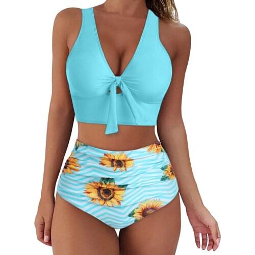 Sexy Lace-up Bikini Sets Women Beachwear Boho V-neck Two Pieces Padded Push Up Swimsuits 2021 Beach Bathing Suit Swimwear