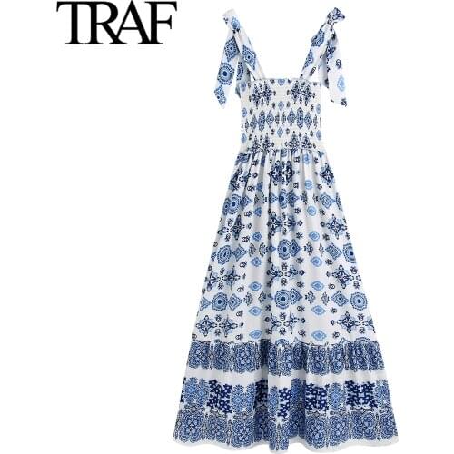 Traf Za Women Clothing Summer 2021 Fashion Chic Loose A-line Midi Dress Boho Bowknot Bandage Sleeveless Dresses