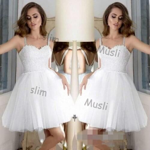 Fitted White Lace Homecoming Wedding Dress 2021 Spaghetti Straps Beaded Short Prom Dresses Sexy Tulle A Line Cocktail Party Wear