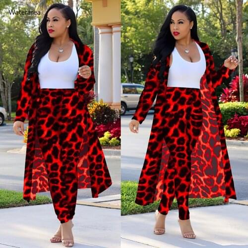 Plus Size Women Two Piece Set Sheath Long Pants And Long Sleeve Maxi Long Coats Leopard Print Suit DM135