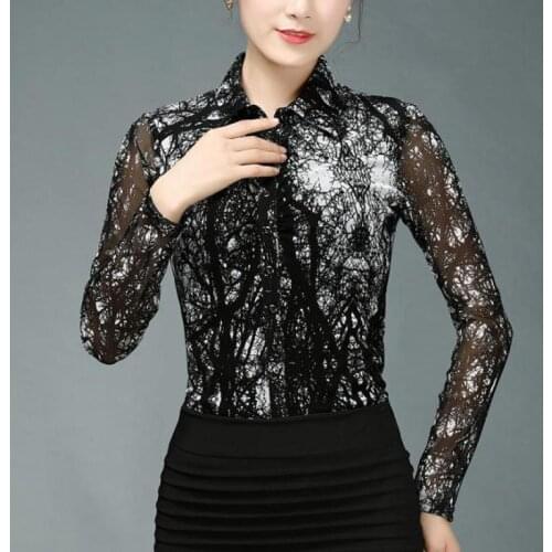 2018 Spring Fall Womens Printed Floral Pattern Full Sleeve Mesh Stretch Blouse Shirt , Autumn Woman 4XL 3XL Black Blouses Shirts