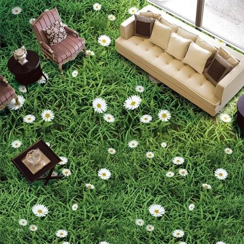 Custom Self-adhesive Floor Mural Pastoral Plant Flowers Green Grass 3D Floor Tiles Wallpaper Sticker Bathroom Living Room Decor