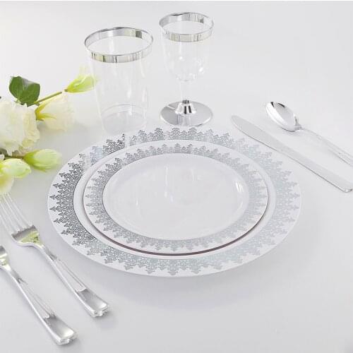 Silver edge Disposable Plates Wedding party home supplie Plastic Party Plates for 10 people party Plastic Silverware Plastic Cup