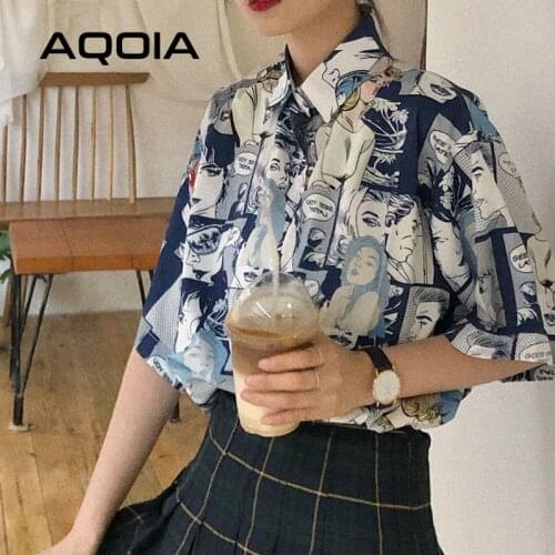 Chic Japanese style Cartoon print Women Shirt Vintage Short Sleeve Button Up Y2K Womens Blouse 2021 Summer Loose Female Shirts