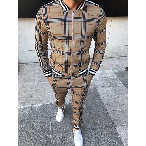 Mens sets Tracksuit Plaid Printed Stand-up collar Zipper Jacket Set Men clothing street Set Coat+Pants Casual Sportswear Men