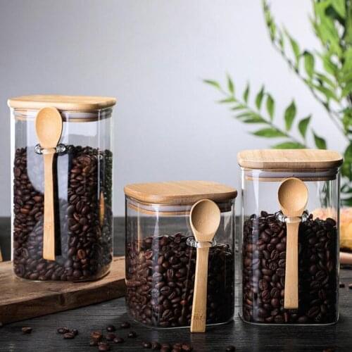 Glass Canister Sugar Jar with Bamboo Lid & Spoon Airtight Spice Jar Clear Coffee Bean Reusable Kitchen Food Storage Containers