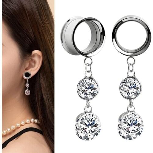 2 Pieces Crystal Dangle Ear Plugs Tunnels Zircon Ear Dilations Steel Ear Reamer Gauges Body Piercing Ear Expansions 4-25mm