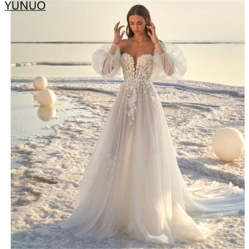 YUNUO A Line Silk Tulle Boho Wedding Dress Long Puff Sleeves Floral Applique Beach Off the Shoulder Bridal Gowns robe de mariée
