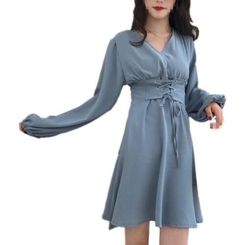 ZB3905 Spring 2020 new women fashion vintage v-neck lantern sleeves cinched long sleeve a-line dress cheap wholesale