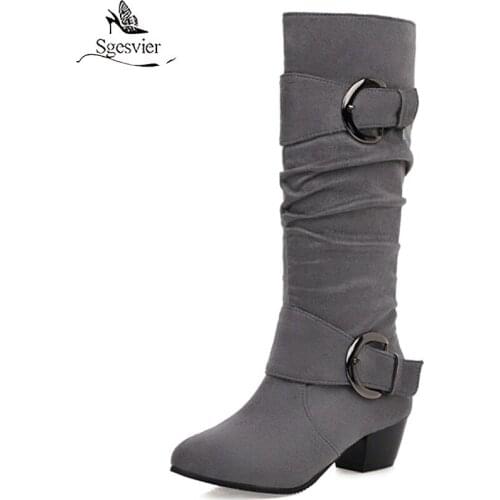 Sgesvier 2020 big size 43 women knee high boots round toe flock zip buckle high heels shoes fashion Chelsea boots women