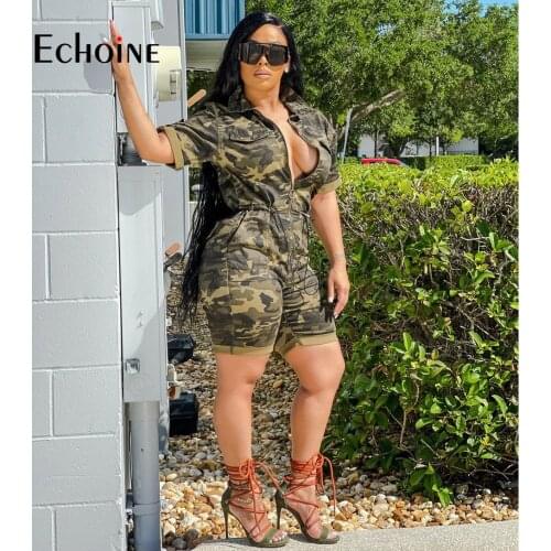 Echoine Women Camouflage Sexy Punk style Short Sleeve zipper V-neck Summer Beach Party Playsuits Short Pant Romper Plus Size 5XL