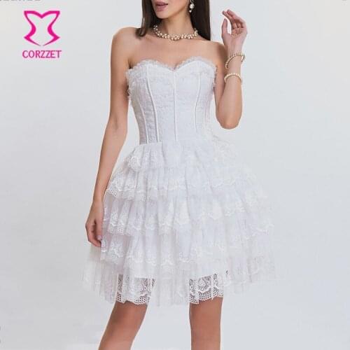 Sexy White Satin&Lace Reffle Wedding Corset Dress Push Up Waist Trainer Gothic Lingerie Steampunk Corsets Skirts
