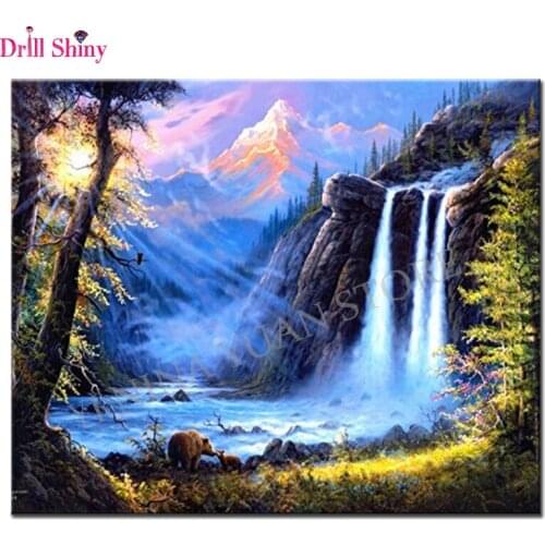 5D DIY Diamond Painting "Waterfall Bear landscape " Embroidery Full Round Diamond Cross Stitch Rhinestone Mosaic Painting Decor