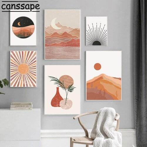Abstract Posters And Prints Sun Moon Painting Boho Poster Minimalist Illustration Line Print Leaves Pictures Living Room Decor