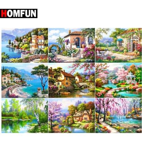HOMFUN 5d Diamond Painting Full Square/Round ‘’Lake house tree" Picture Of Rhinestone DIY Diamond Embroidery Home Decor