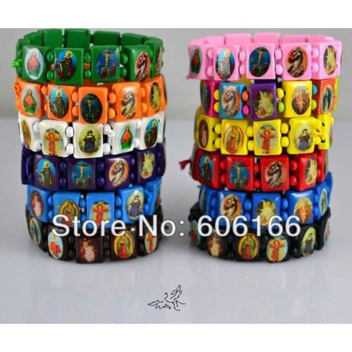 NEW 120pcs/lot Mix Color Rosary Beads Bracelet Catholic Wooden Holy Icon Jesus Virgin Mary Bracelets Religious Jewelry
